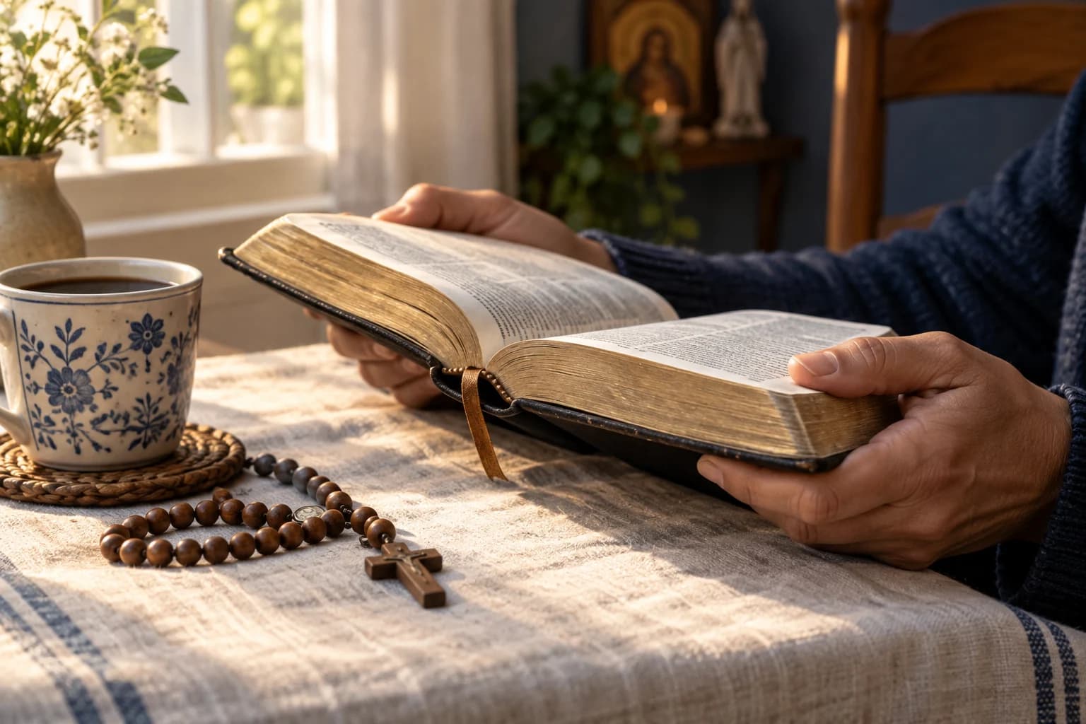 Mãos segurando uma Bíblia aberta em um momento de leitura em casa