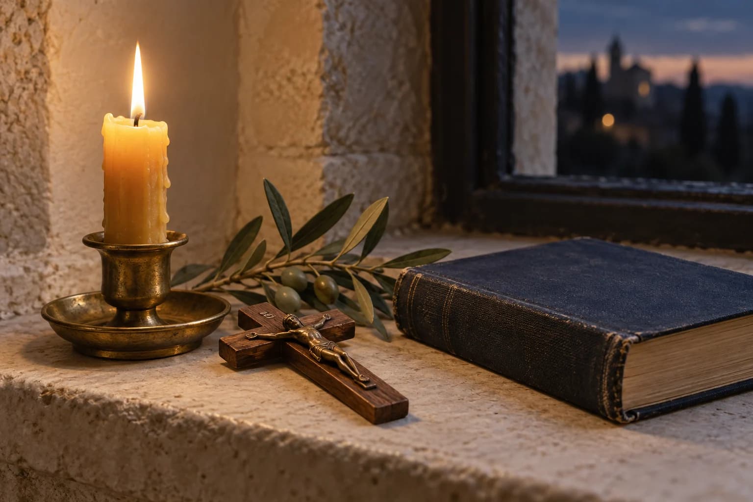 Vela acesa, crucifixo e livro de oração junto a uma janela