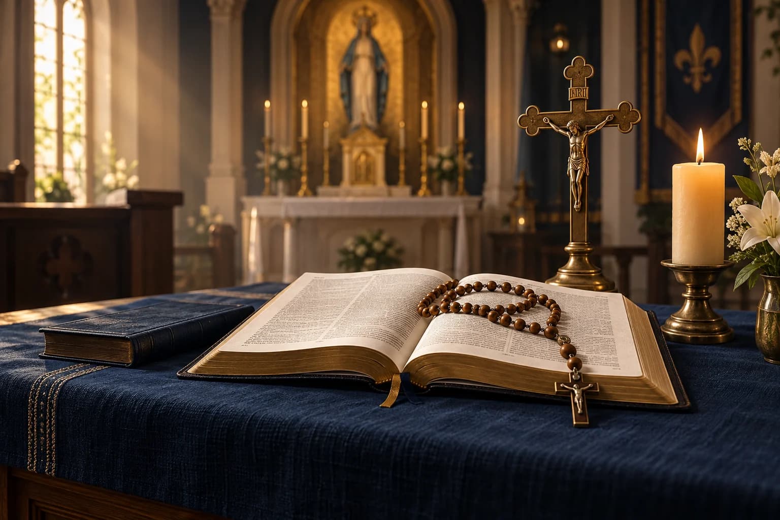 Bíblia aberta com Rosário, crucifixo e vela diante do altar de uma igreja católica