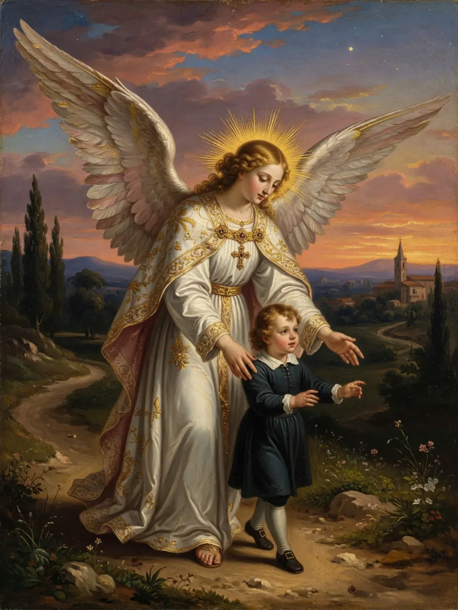 O Anjo da Guarda conduz uma criança pelo caminho