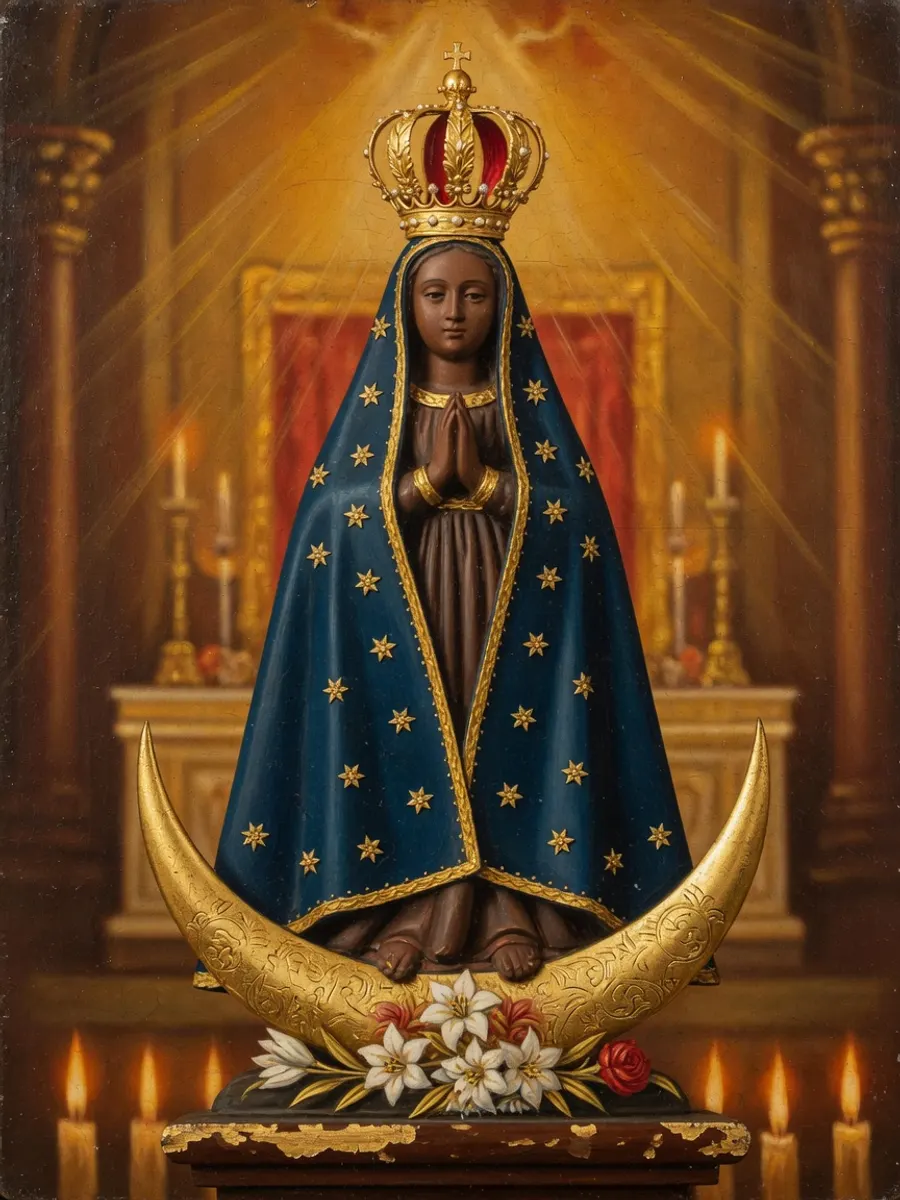Nossa Senhora Aparecida, com manto azul-estrelado e coroa de ouro
