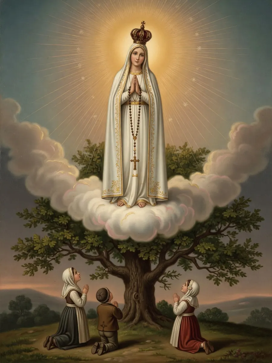Nossa Senhora de Fátima, de branco e ouro, sobre a azinheira