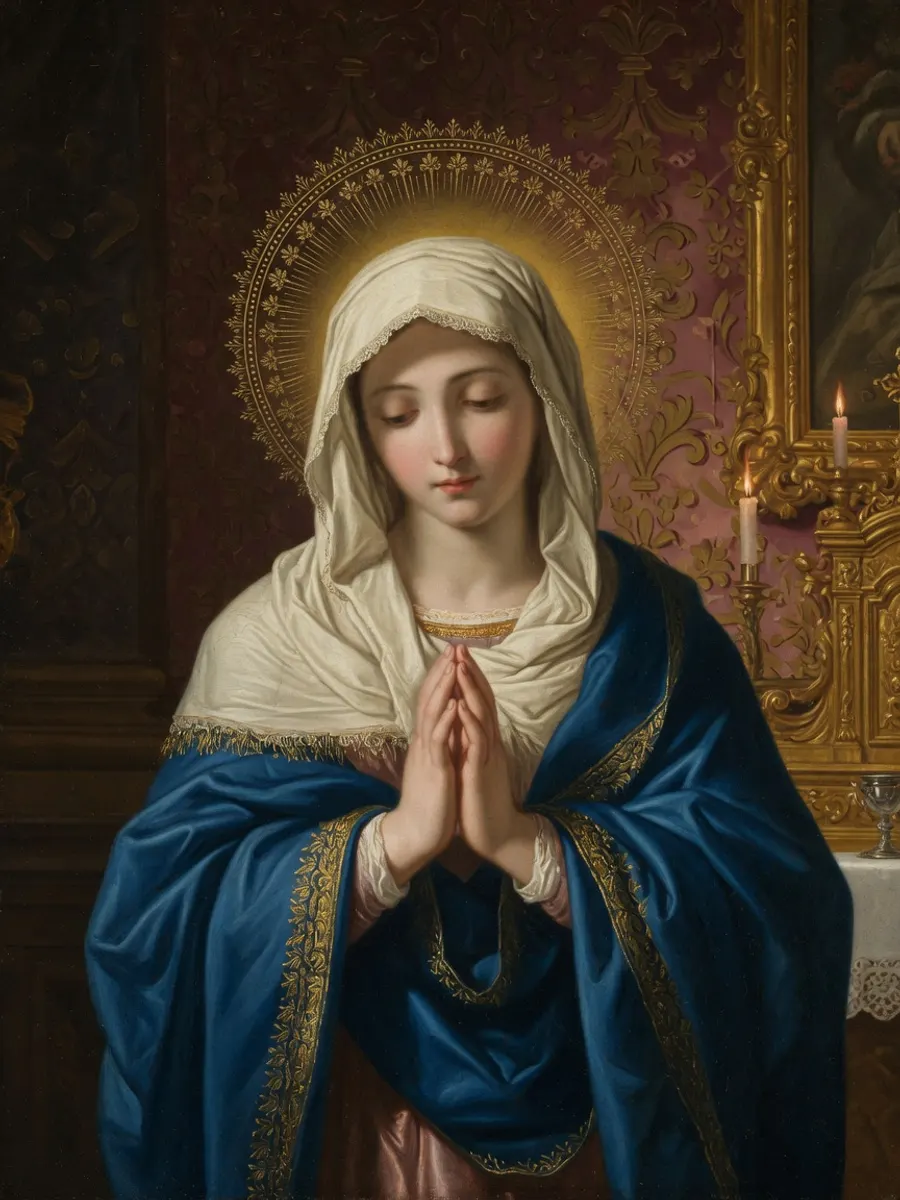Nossa Senhora em oração, com manto azul e véu claro