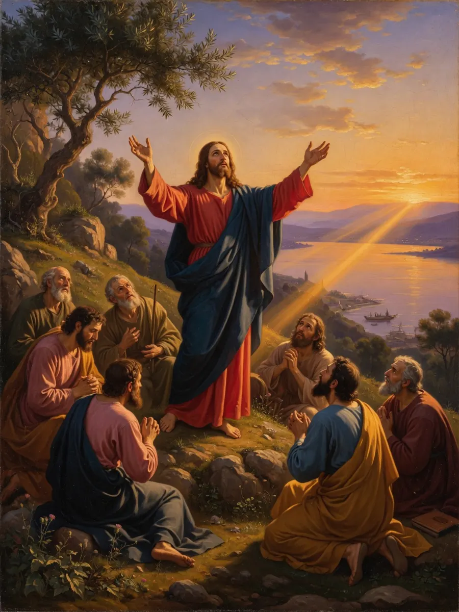 Jesus ensina o Pai-Nosso aos discípulos numa encosta da Galileia