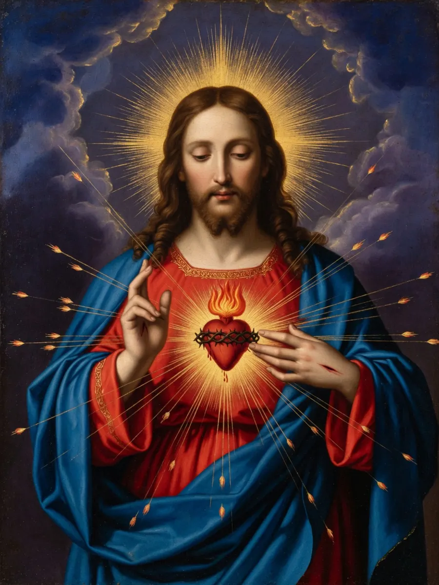 Jesus aponta para o Sagrado Coração, coroado de espinhos