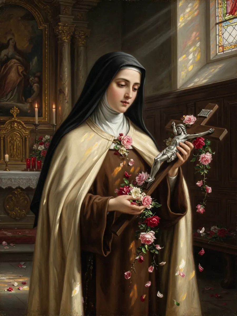 Santa Teresinha do Menino Jesus, carmelita, com o crucifixo e as rosas