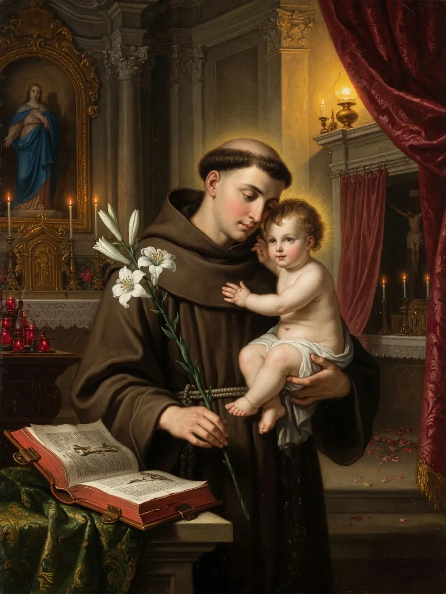 Santo Antônio de hábito franciscano, com o Menino Jesus e um lírio