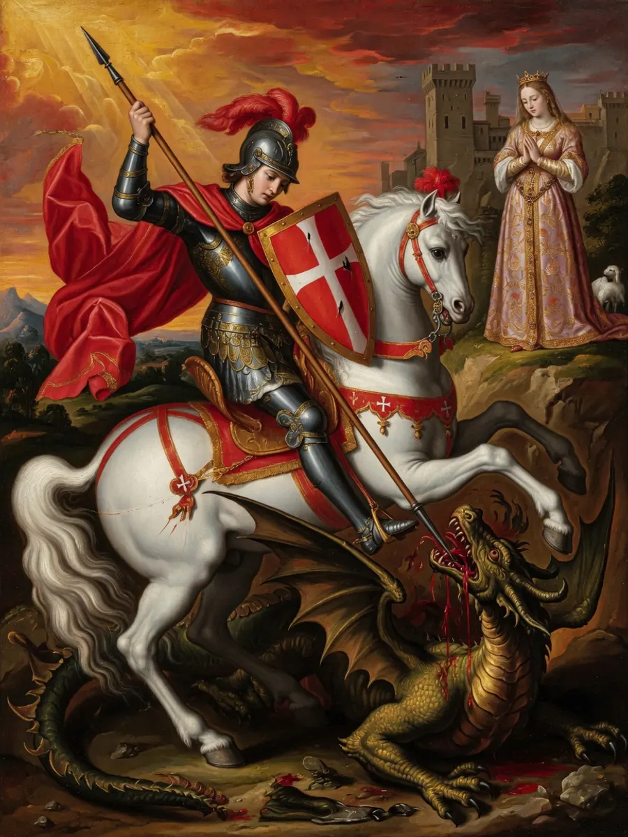 São Jorge a cavalo, com a lança sobre o dragão
