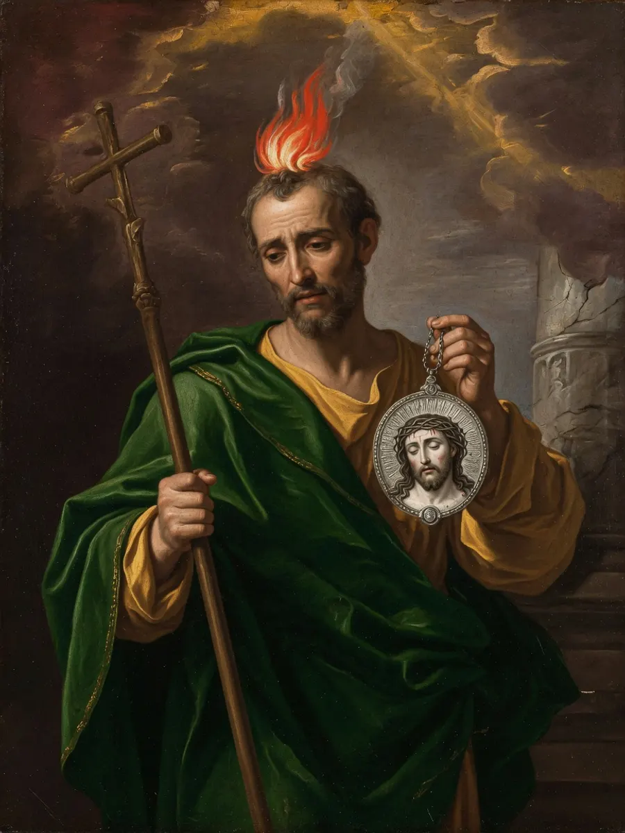 São Judas Tadeu, apóstolo, com a medalha de Cristo e a chama sobre a cabeça