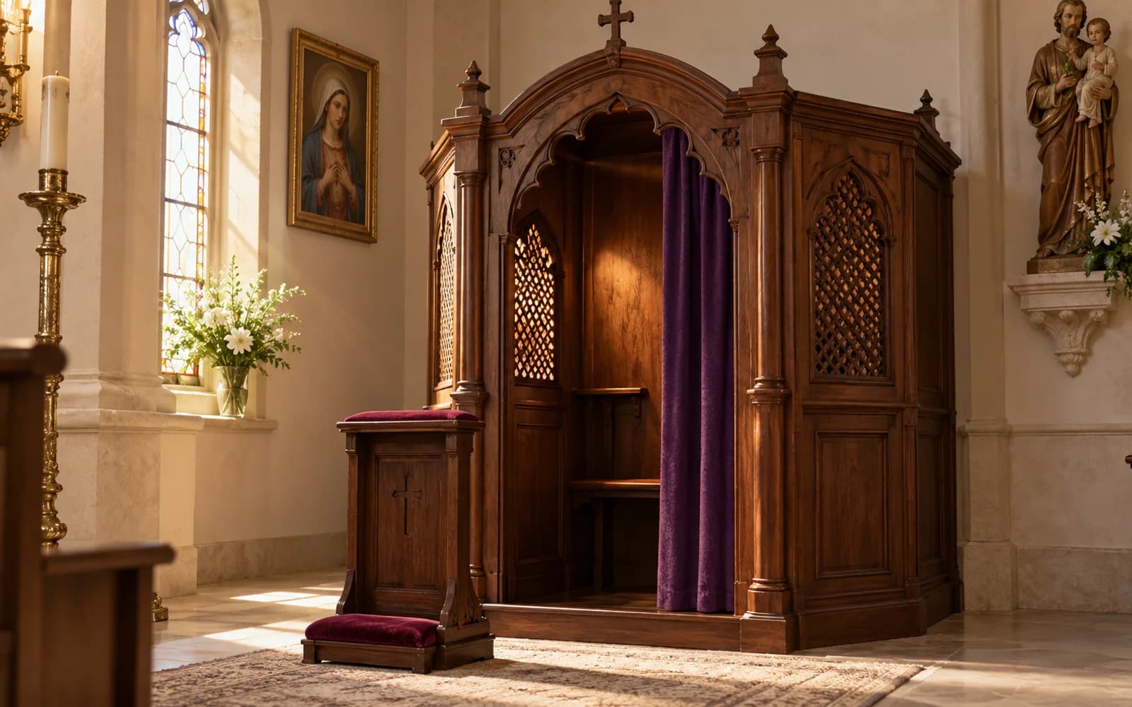 Confessionário de madeira vazio em uma igreja com luz natural