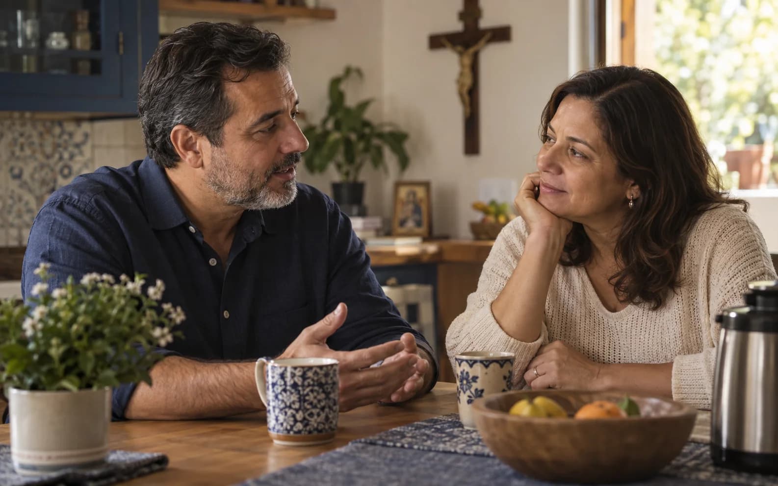 Casal conversando à mesa de casa, com atenção e gestos de acolhimento