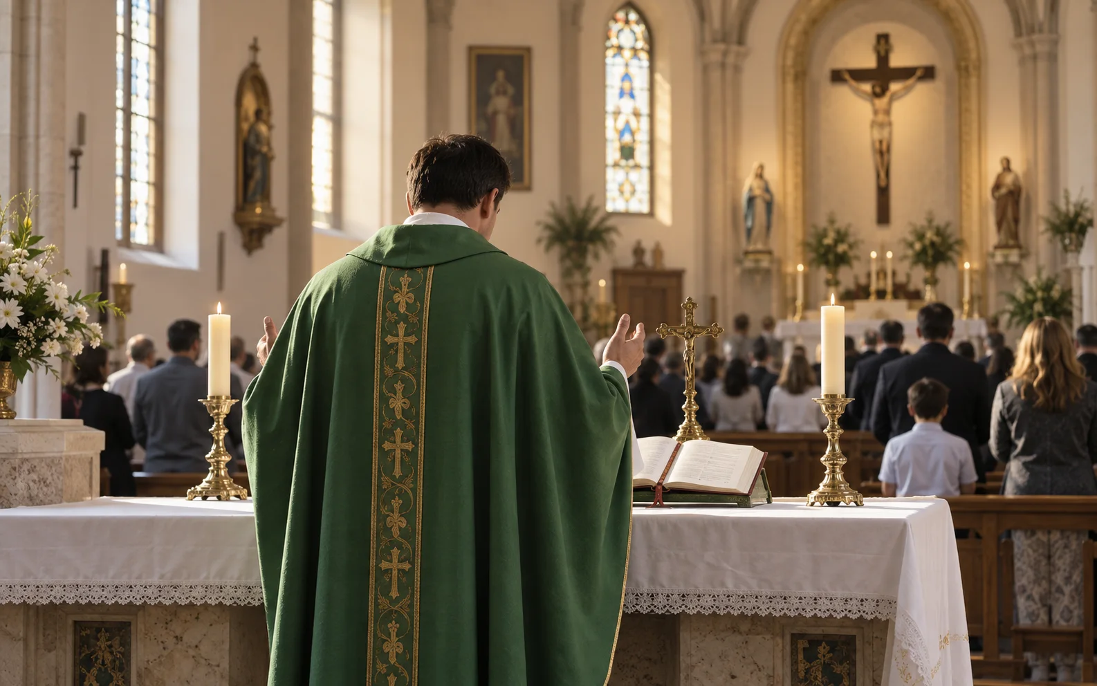 Sacerdote com paramentos verdes diante do altar de uma igreja católica, com a comunidade ao fundo