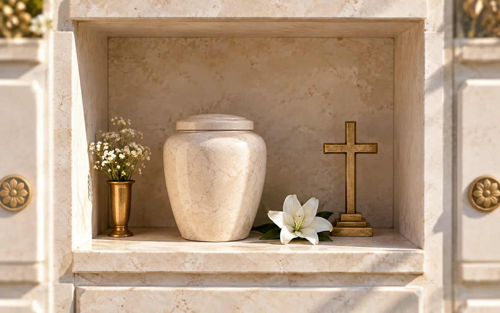 Urna fechada, cruz e flor branca em um nicho de columbário