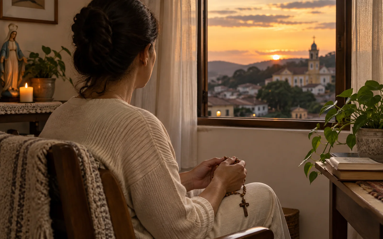 Mulher de costas segurando um terço perto da janela ao entardecer.