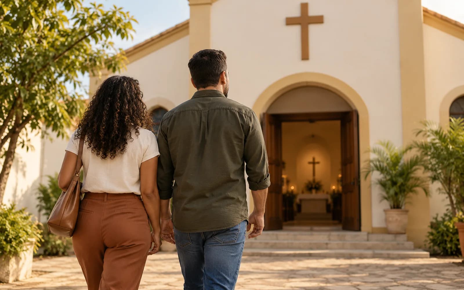 Duas pessoas caminhando em direção à entrada de uma igreja com uma cruz na fachada