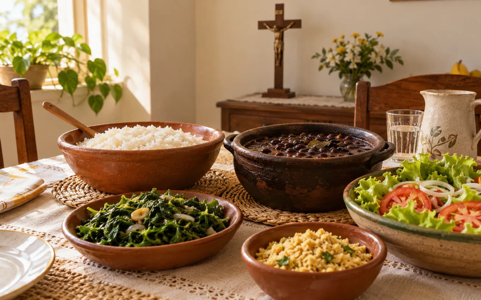 Refeição simples com arroz, feijão e verduras sobre uma mesa familiar
