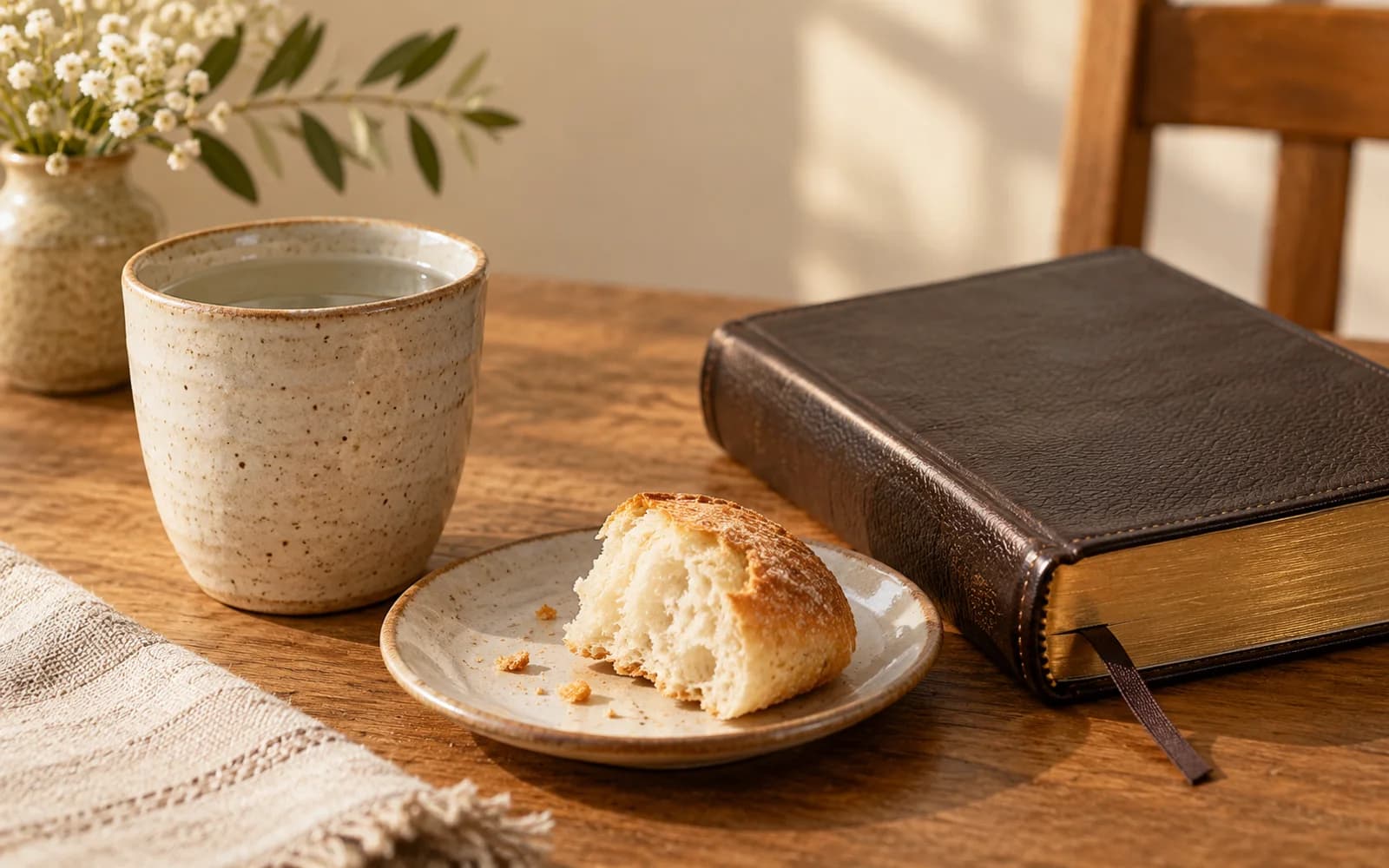 Caneca, pedaço de pão e Bíblia fechada sobre uma mesa simples