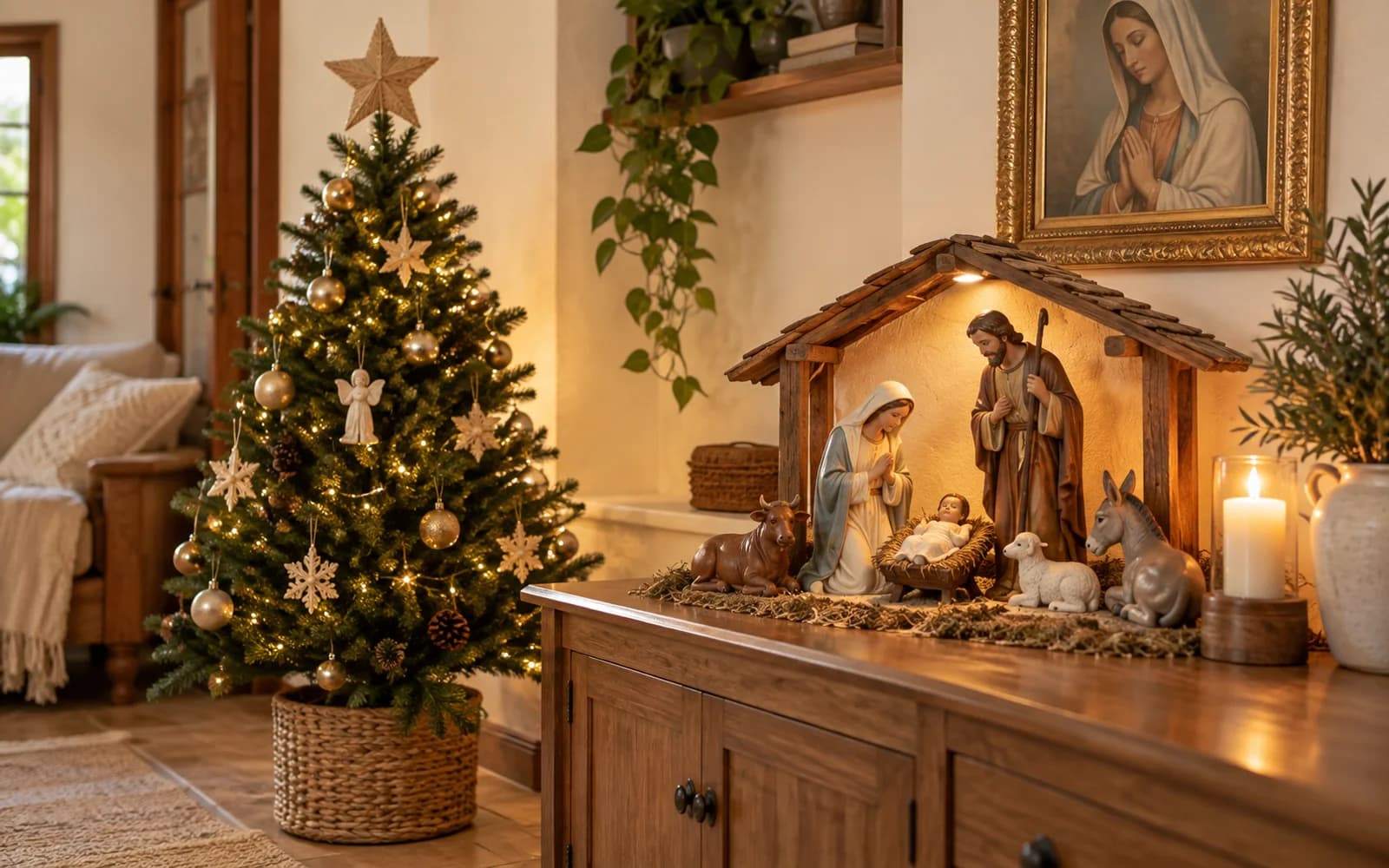 Árvore de Natal iluminada e presépio em uma sala com móveis de madeira