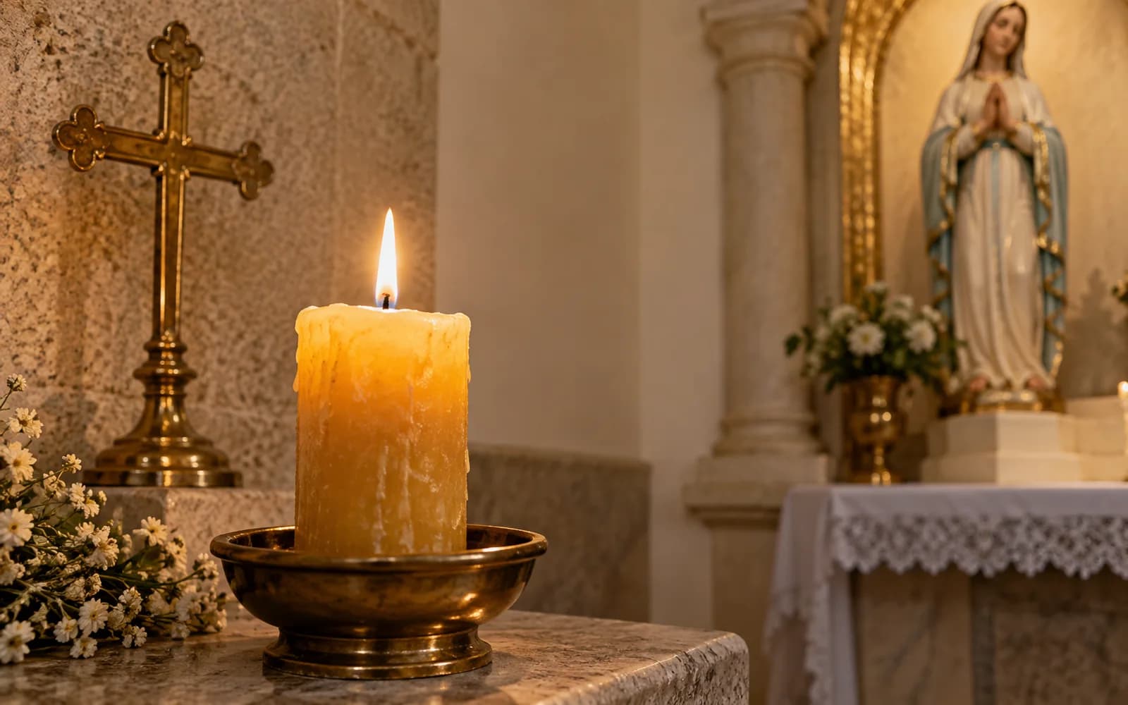 Vela acesa em uma capela católica, com crucifixo ao fundo