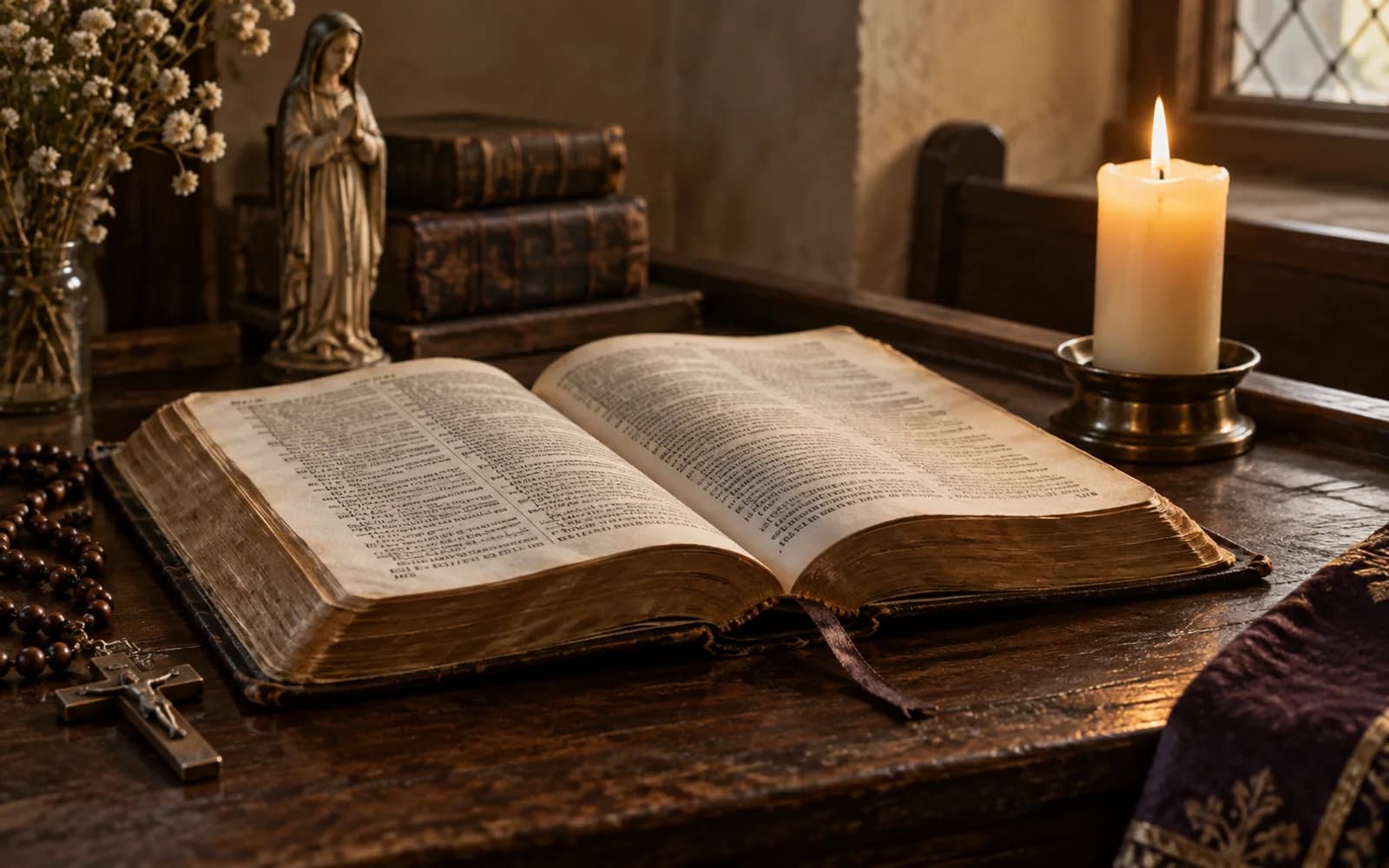 Bíblia aberta ao lado de uma vela e de um crucifixo, em ambiente de recolhimento