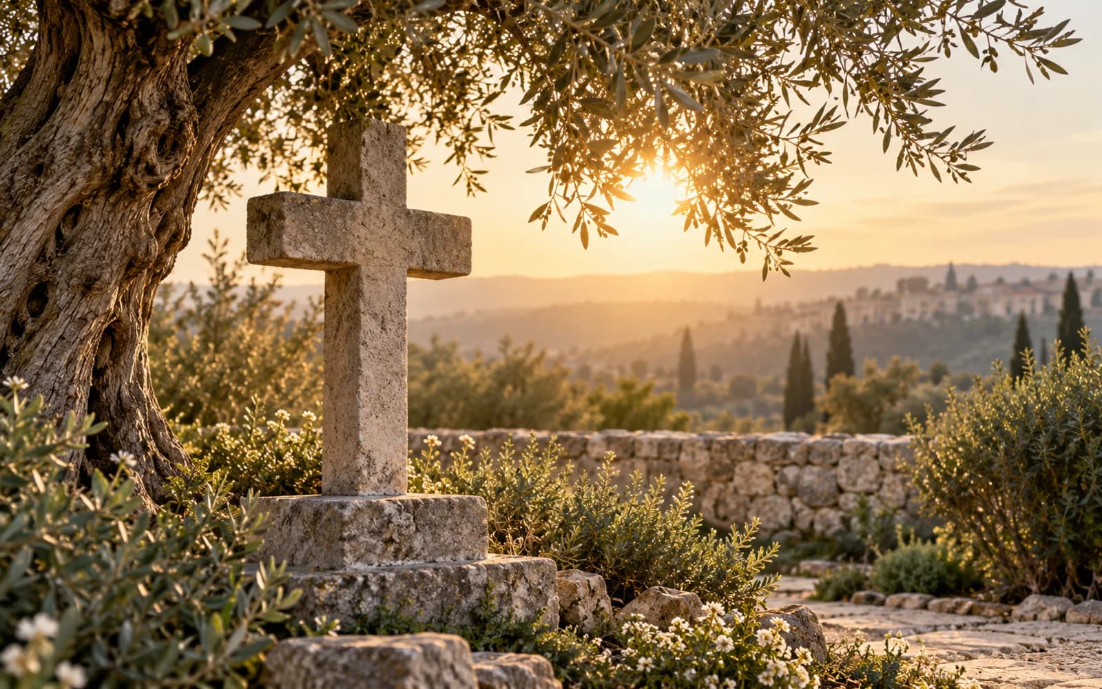 Cruz de pedra ao lado de uma oliveira em um jardim iluminado ao amanhecer