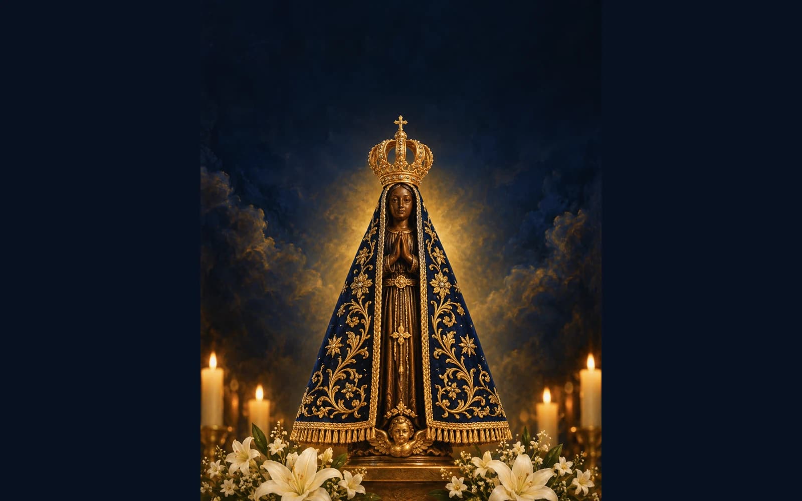 Ilustração devocional de Nossa Senhora Aparecida, com manto azul e dourado, coroa, flores brancas e luz de velas.