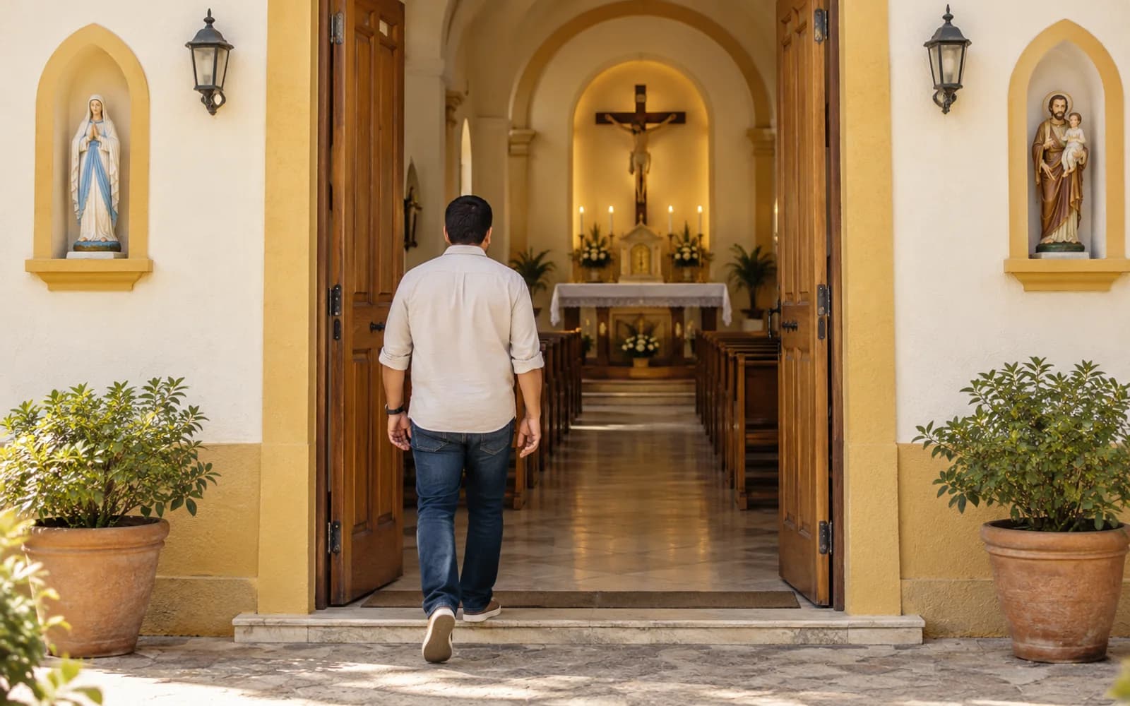 Homem entrando em uma pequena igreja católica iluminada pela luz do dia