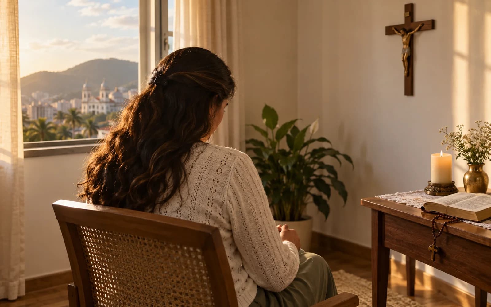 Mulher sentada em oração em casa, perto de uma janela, de uma Bíblia e de um crucifixo na parede