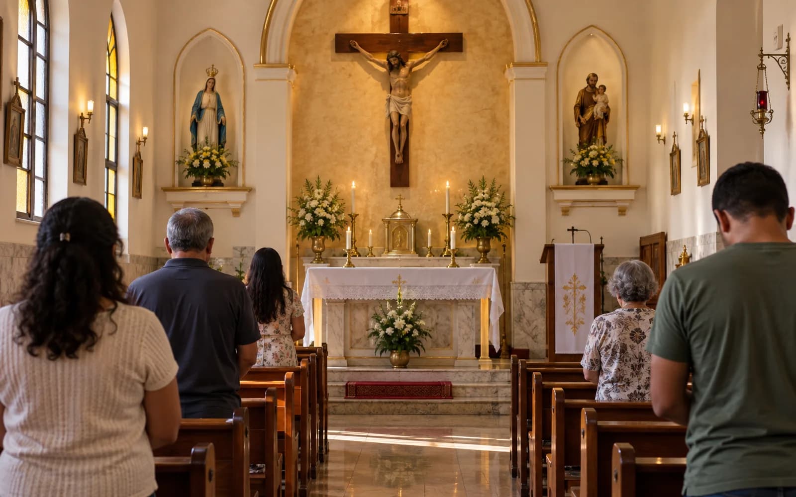 Interior acolhedor de uma igreja católica com fiéis reunidos em oração