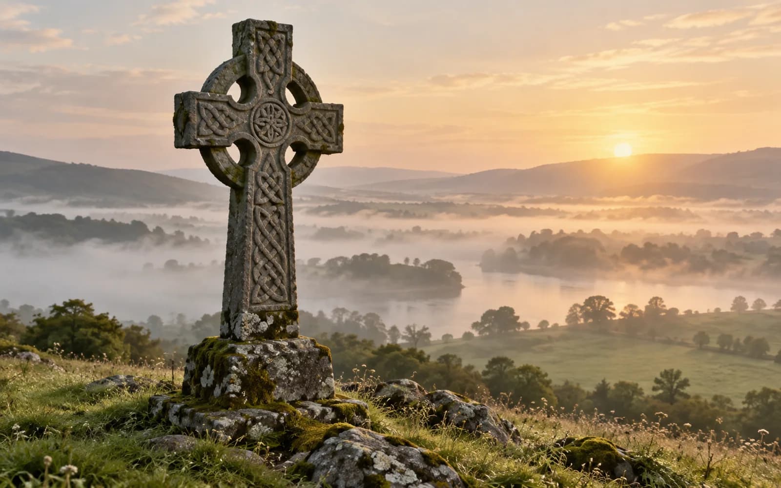 Cruz celta de pedra em colina verde, com névoa e luz do amanhecer.