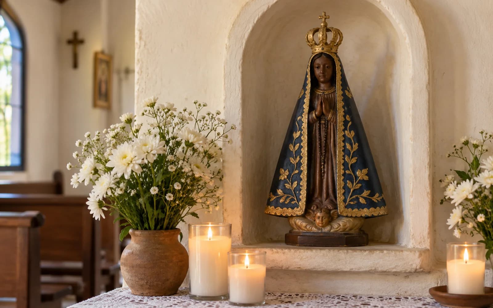 Estátua de Nossa Senhora Aparecida em nicho de capela, com flores brancas e velas.