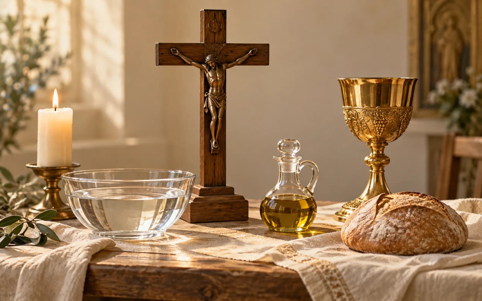 Crucifixo, vela acesa, recipiente com água, frasco de óleo, pão e cálice sobre uma mesa