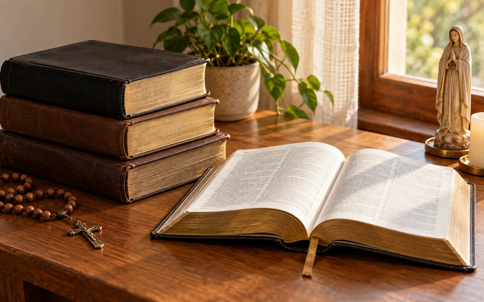 Bíblia aberta, livros empilhados e terço sobre uma mesa de leitura