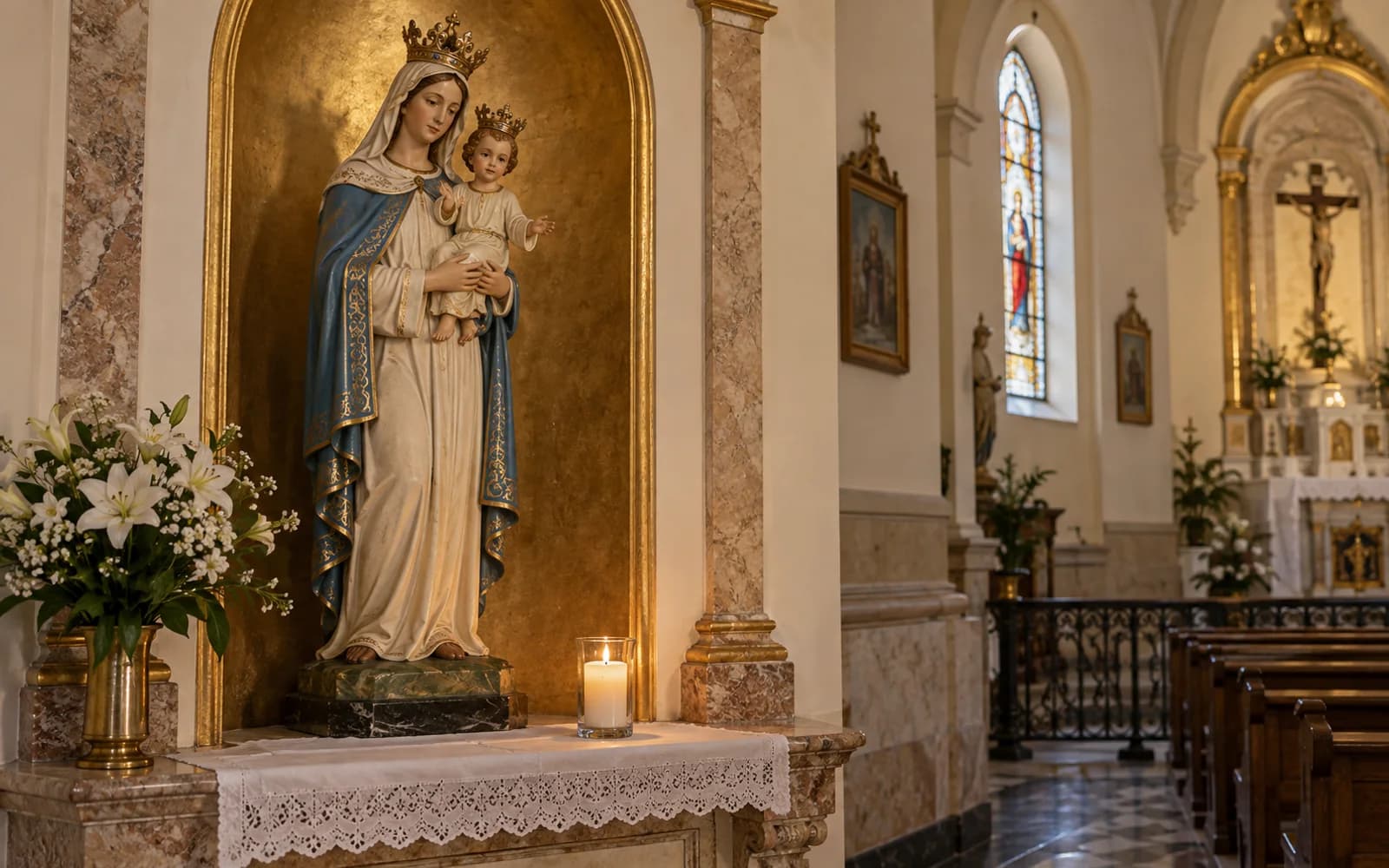 Imagem de Maria com o Menino Jesus em uma capela católica, com uma vela acesa e o altar ao fundo