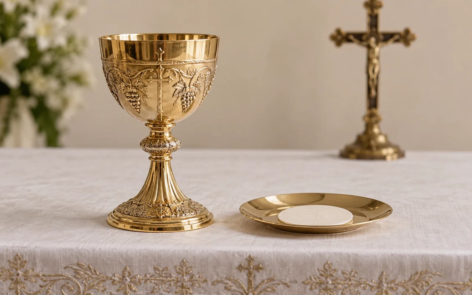 Cálice e patena com uma hóstia sobre um altar, com crucifixo ao fundo