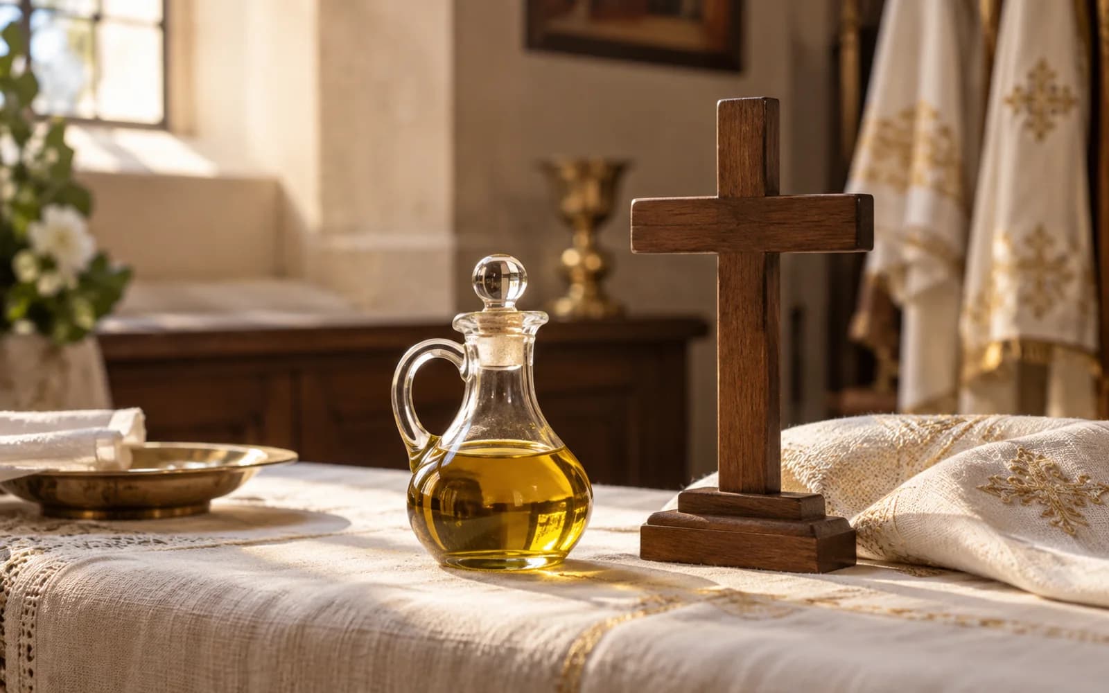 Recipiente de óleo dourado e cruz de madeira sobre tecido claro em uma igreja