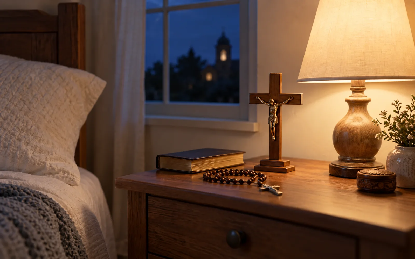 Crucifixo e terço sobre criado-mudo de madeira, iluminados por abajur diante da janela noturna.